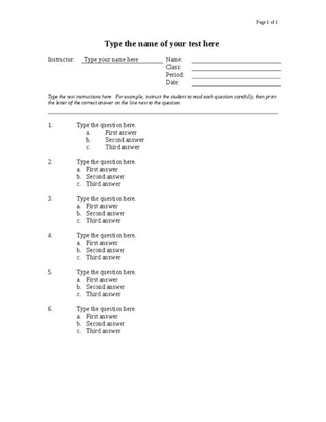Multiple Choice Test Template Word Doctemplates