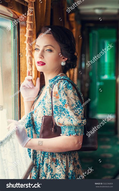 Стоковая фотография 532236859 Glamorous Retro Girl Train Vintage Dressportrait Shutterstock
