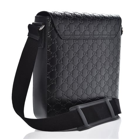 Gucci Guccissima Signature Single Buckle Flap Messenger Bag Black