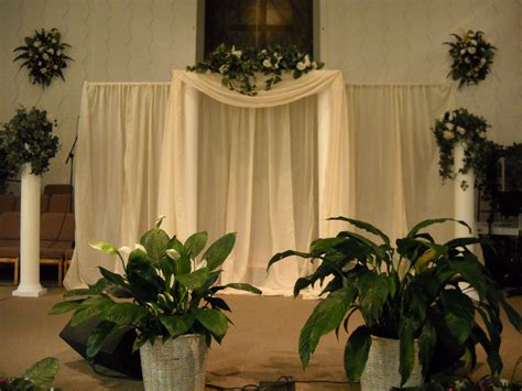 Three Potted Plants Sitting In Front Of A White Drape On The Side Of A Wall