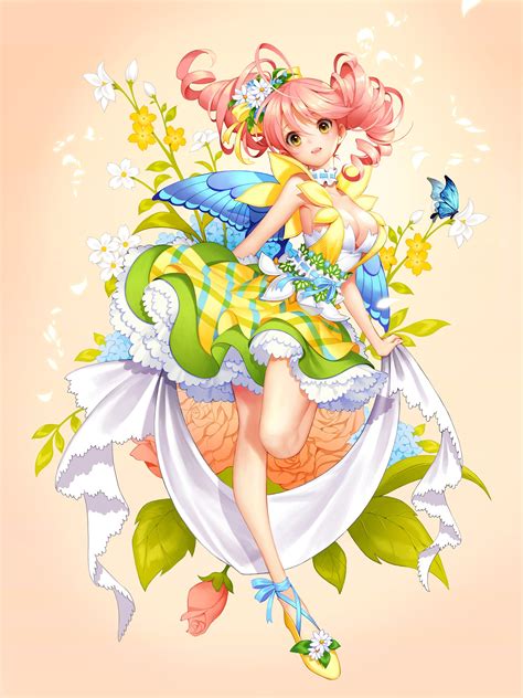 Wallpaper Illustration Long Hair Anime Girls Wings Dress Cartoon Cleavage Pink Hair No