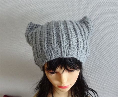 Knit Gray Hat Cat Ears Hat Cat Beanie Chunky Knit By Ifonka 2800