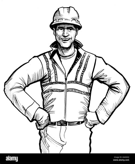 Construction Worker In Hard Hat Ink Black And White Drawing Stock