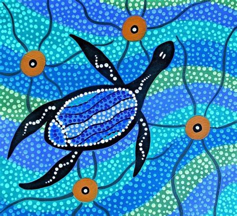 New Stunning Aboriginal Painting On Canvas Blue Turtle In Acrylics