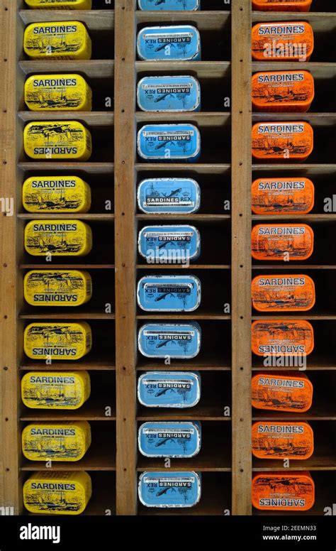 Display Of Easy Open Sardine Cans Sardine Tins Or Tin Cans Stock Photo