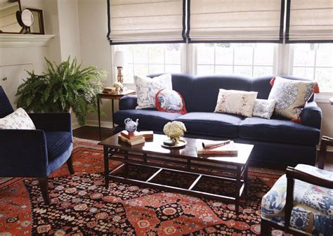Living Room Navy Sofa And Chairs Red Pattern Rug Living Rooms