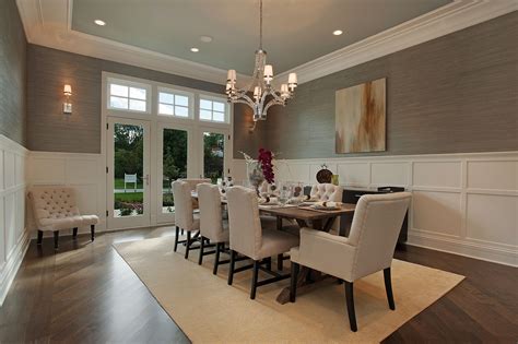 Formal Dining Room Ideas With Long Table And Tufted Chairs On Cream Carpet Under Fantastic Chandelier 