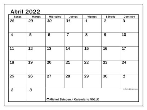 Calendarios Abril 2022 “lunes Domingo” Michel Zbinden Es