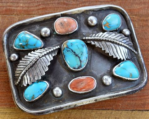 Vintage Turquoise And Coral Sterling Silver Belt Buckle Ebay