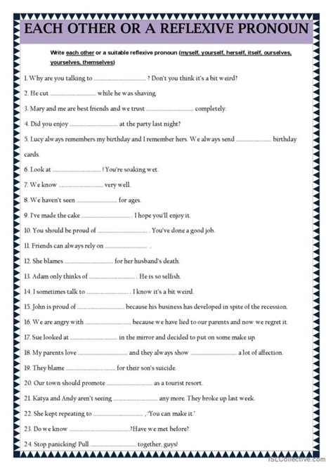 Each Other Or A Reflexive Pronoun English Esl Worksheets Pdf And Doc