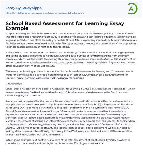 School Based Assessment For Learning Essay Example