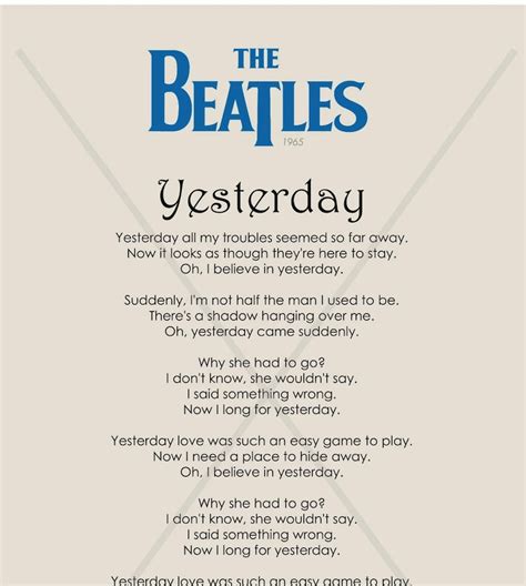 Yesterday Print The Beatles Beatles Lyrics From The Etsy France
