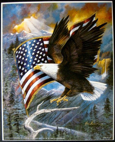 Bald Eagle With Us Flag Art Print Patriotic 4th Of July Ruane Manning