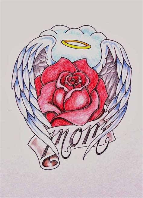 Lovely Rose Cover With Angel Wings And Mom Banner Tattoo Mom Tattoo