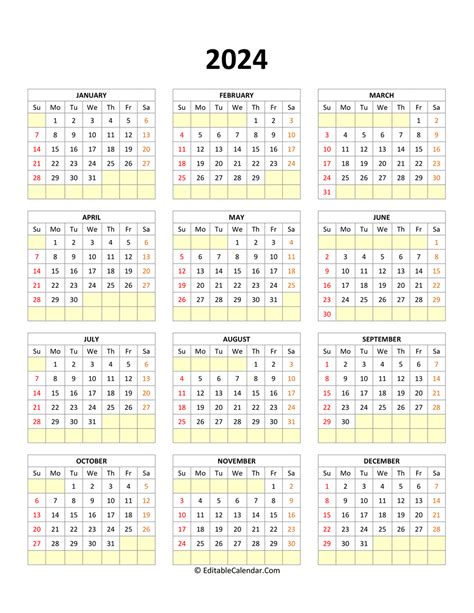 Editable Calendar Template 2024