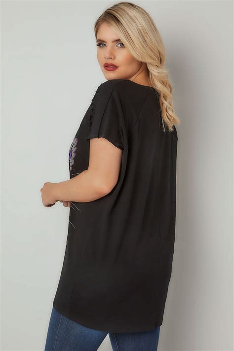 Black Slogan Print T Shirt With Ripped Shoulders Plus Size 16 To 36