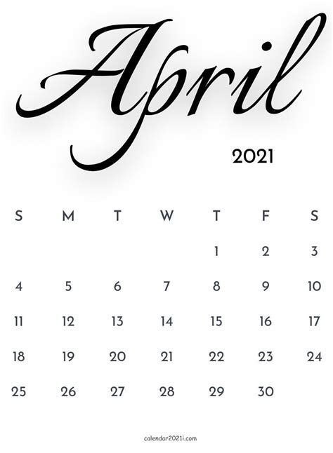 April 2021 Calligraphy Calendar Printable Template Free Download April