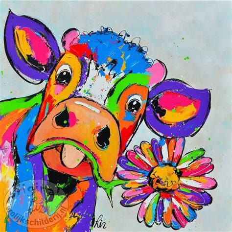 Het kleurrijke schilderij is door onze kunstenaars gegoten; Poster koe met bloem 50x50 - Vrolijk Schilderij