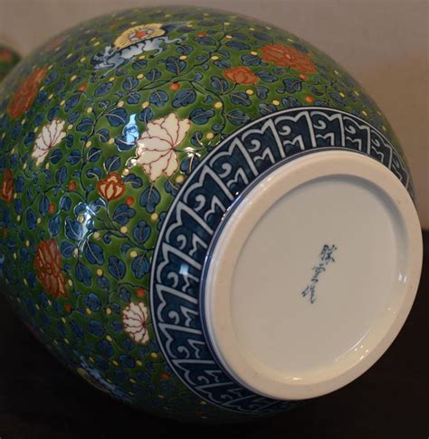 Large Japanese Contemporary Green Imari Porcelain Vase By Master Artist