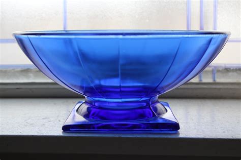 Vintage Art Deco Cobalt Blue Glass Ribbed Pedestal Bowl