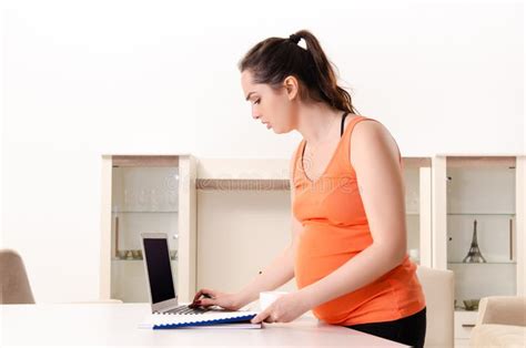 The Young Pregnant Woman Working At Home Stock Image Image Of