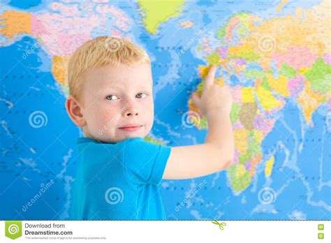 Preschool Boy With World Map Stock Image Image Of Looking Blond