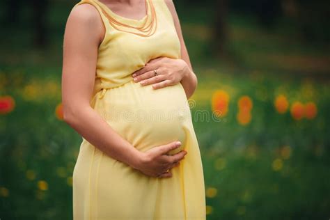 pregnant girl in a yellow dress hugging her stomach in the field stock image image of