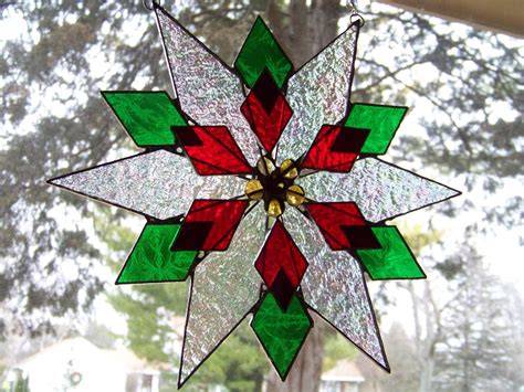Poinsettia Holiday Stained Glass Suncatcher Stained Glass Christmas Stained Glass Ornaments