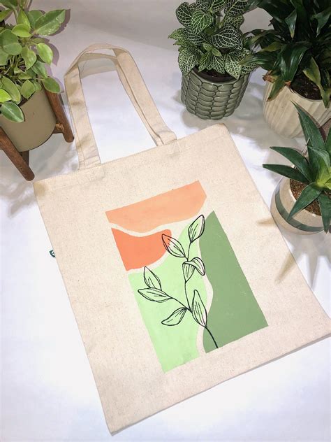 Canvas Tote Bag Hand Painted Reusable Minimalist Plant Etsy In 2021