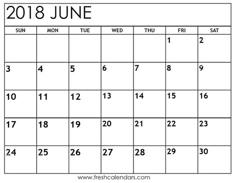 June 2018 Calendar Printable Printable June 2018 Calendar