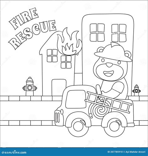 Equipo De Rescate De Incendios Con Divertido Bombero Vector De Dibujos