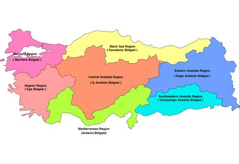 Türkiye Coğrafi Bölgeler Haritası İngilizce Türkçe Kısa Bilgiler