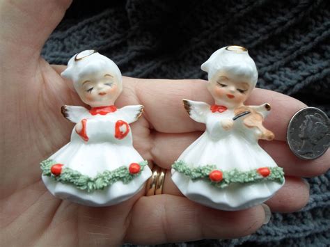 2 Vintage Napco Miniature Christmas Angel Figurines Spaghetti