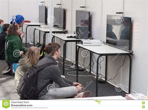Unidentified Teenagers Playing Console Games At Animefest Editorial