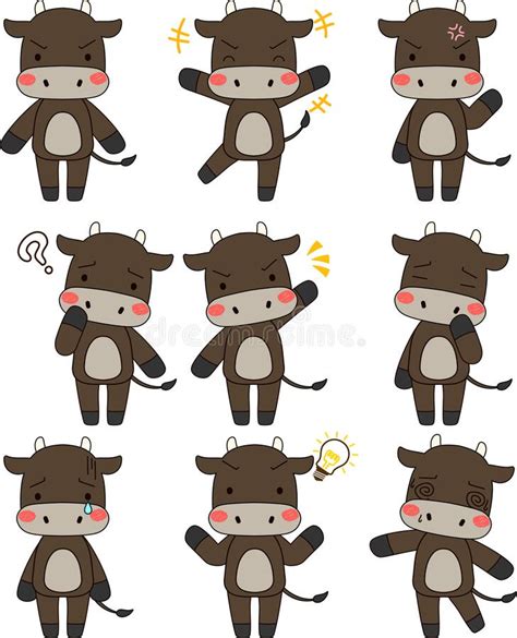 Full Length Illustration Of The Cute Black Beef Cow Character Set Stock