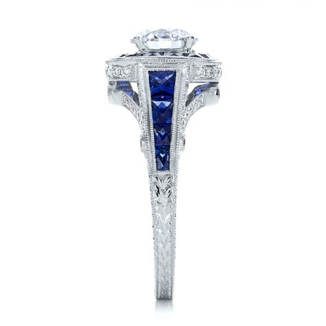 Art Deco Style Blue Sapphire Halo And Diamond Engagement Ring Seattle