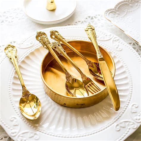 Luxury Gold Dinner Set Golden Vintage Wedding Tableware Silverware