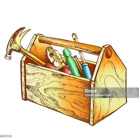 Color Vintage Wooden Toolbox With Old Instrument Vector Stock