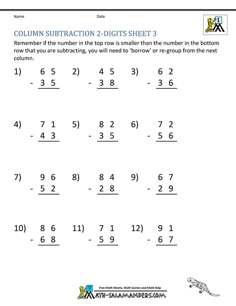 Subtraction Of Two Digit Numbers Worksheets
