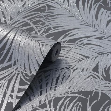 Arthouse Palm Gunmetal Grey Kiss Foil Non Woven Wallpaper 903305