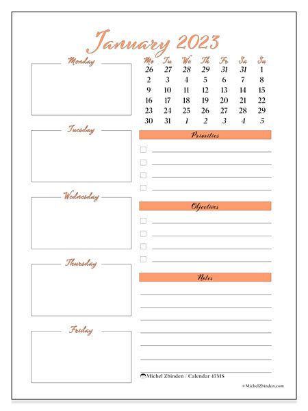 January 2023 Printable Calendar “47ms” Michel Zbinden Uk