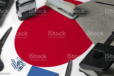 Japan Flag With Office Clerk Workplace Background National Stationary Concept With Office Tools