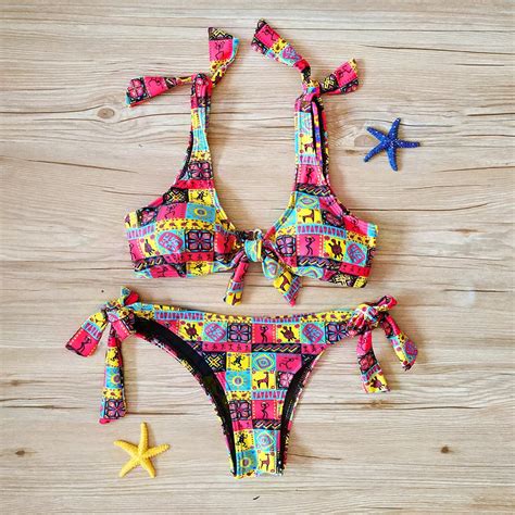 buy 2018 new sexy push up triangle bikini set tong vintage print tie women