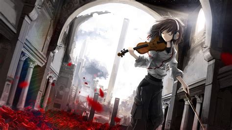 Anime Girls Violin Headphones Rose Architecture Wallpaper Anime