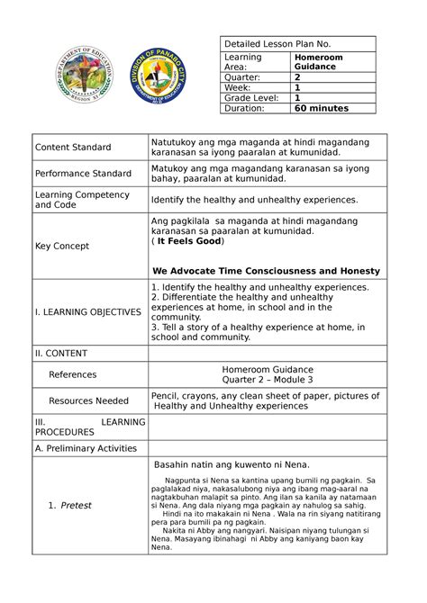 Exemplar Lesson Plan In Homeroom Guidance Grade 1 Q2 M3 Edited