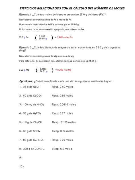 Ejercicios De Cálculo Del Número De Moles Pdf