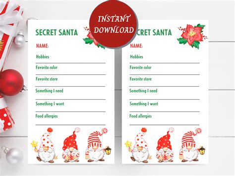 Secret Santa Printable Card And Sign Up Sheet Christmas T Etsy
