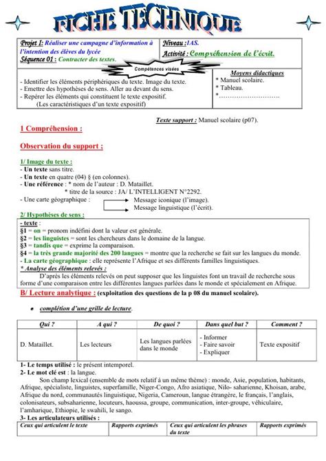 fiches pédagogiques français projet 1 1as PDF