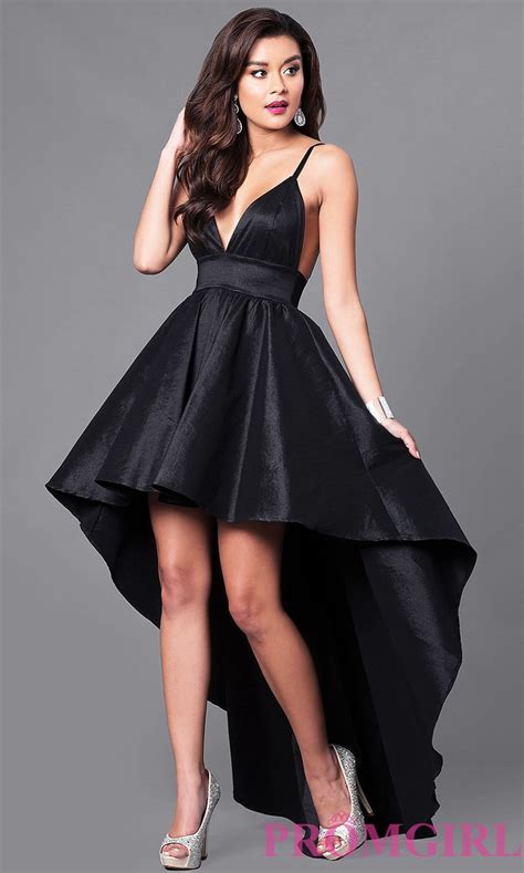 Black High Low V Neck Prom Dress With Empire Waist High Low Prom