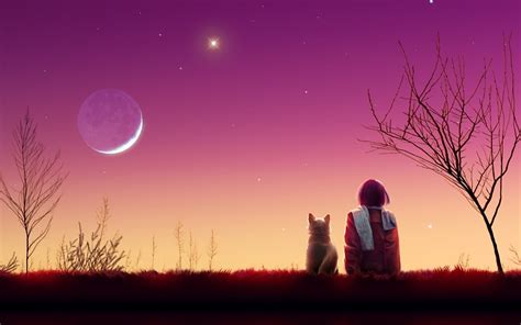 Wallpaper Girl Sitting Beside Dog Digital Wallpaper Kagaya Moon Anime